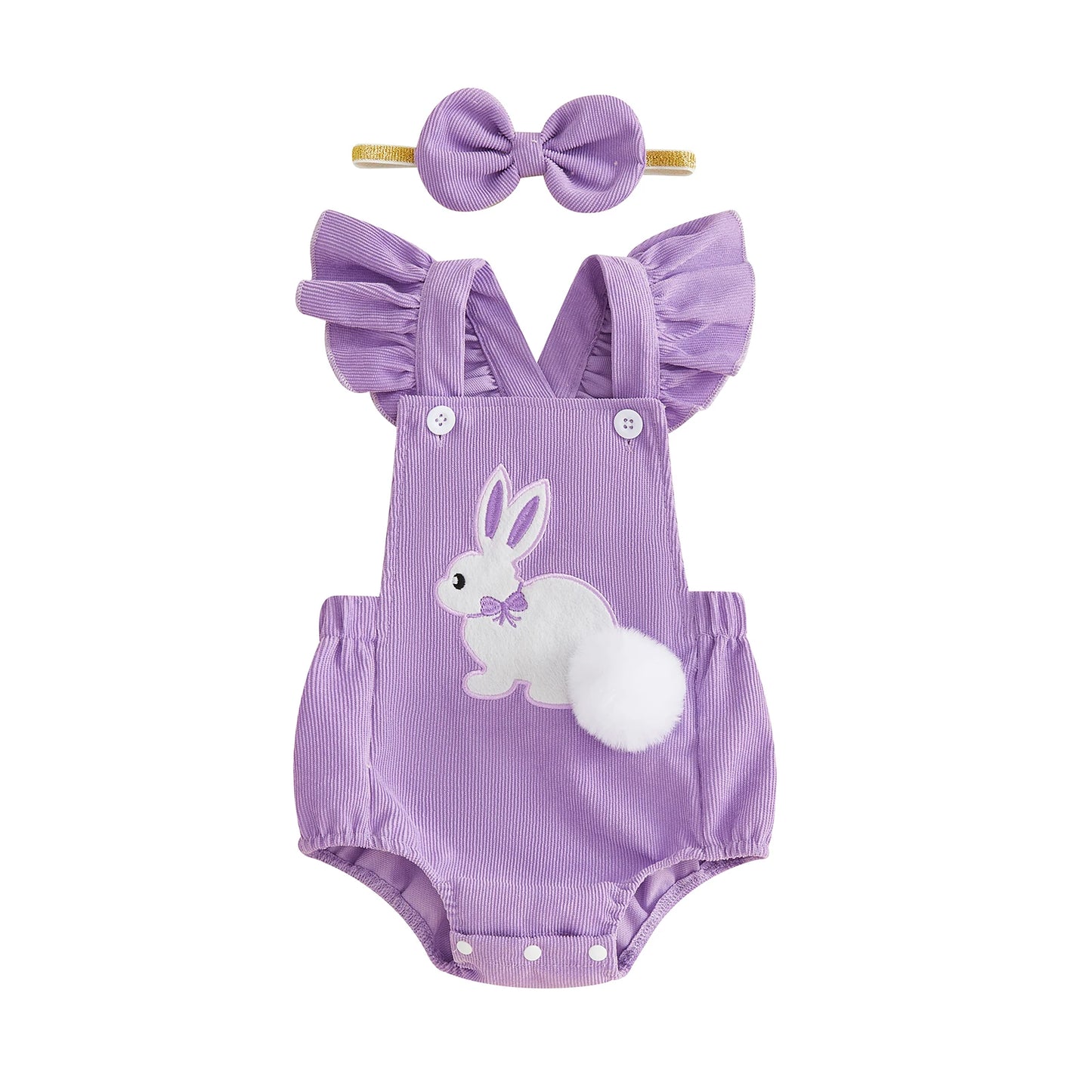 Baby Girl Easter Romper Outfits Bunny Applique Flying Sleeve Square Neck Romper and Bow Headband 2Pcs Set