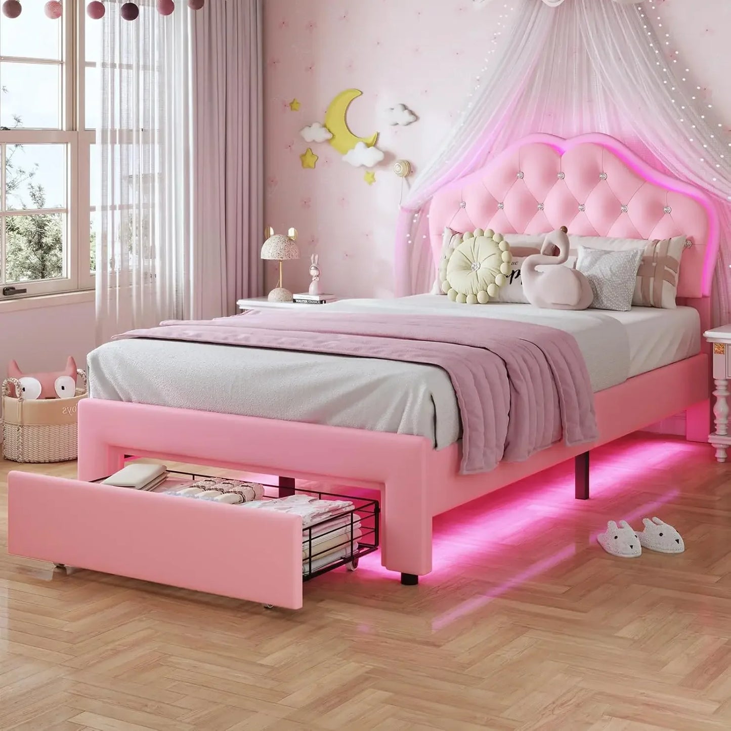 Twin Size Girl Bed with Storage Drawer & LED Lights, Upholstered Platform Bed, Adjustable Headboard with Velvet Crystal Button
