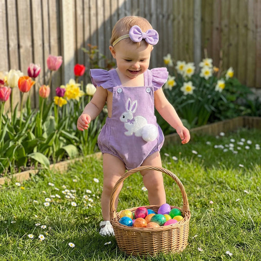 Baby Girl Easter Romper Outfits Bunny Applique Flying Sleeve Square Neck Romper and Bow Headband 2Pcs Set