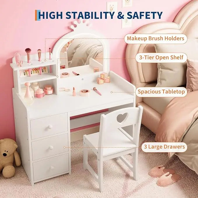 Kids Vanity Desk with Mirror and Lights, White Princess Wooden Makeup, Storage Shelves and Drawers, 2-in-1 Girls Dressing Table