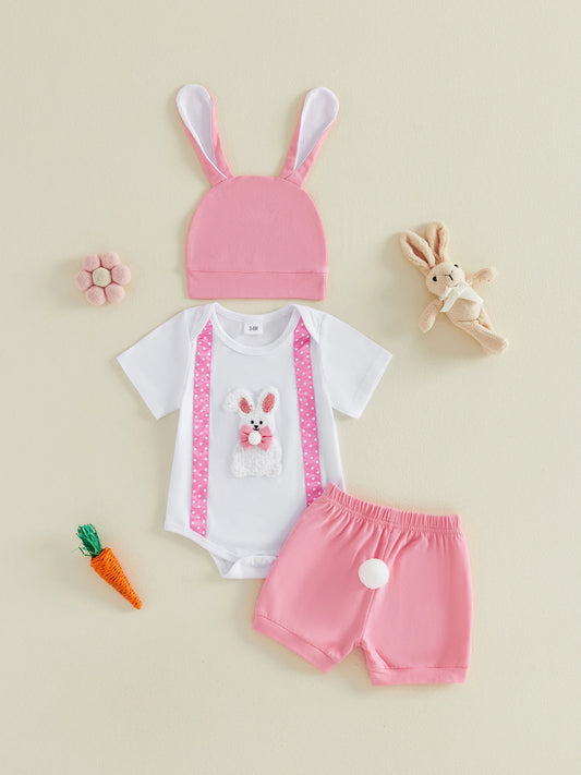 Adorable Newborn Easter Outfit with Bunny Embroidery Romper Shorts and Hat - 3-Piece Set for Baby Boy or Girl