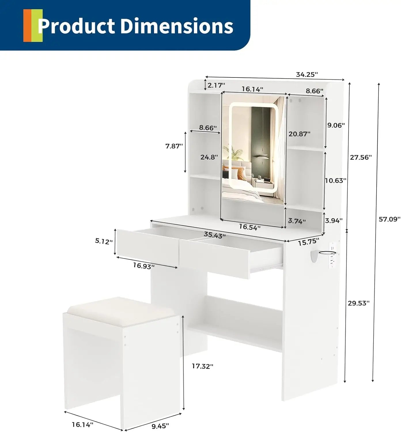 Vanity Desk with Mirror and Lights, for Bedroom, adjustable 3 Color Lights Modes Includes Padded Stool, Makeup Table Set