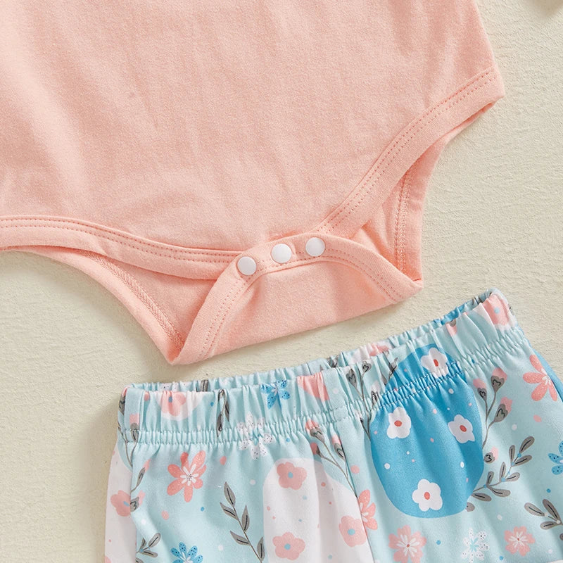 Adorable Baby Girl Easter Outfit with Bunny Print Long Sleeve Romper Easter Eggs Floral Print Flare Pants and Matching