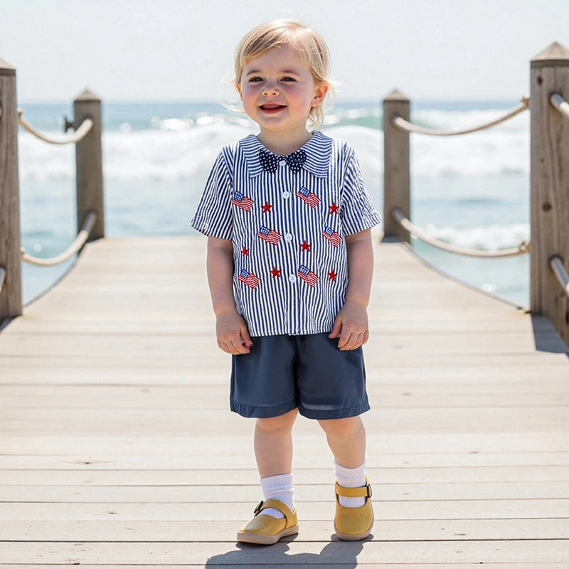 Boys Patriotic Day Outfit Set Short Sleeve Lapel Striped Shirt and Solid Color Shorts Independence Day Clothing Set