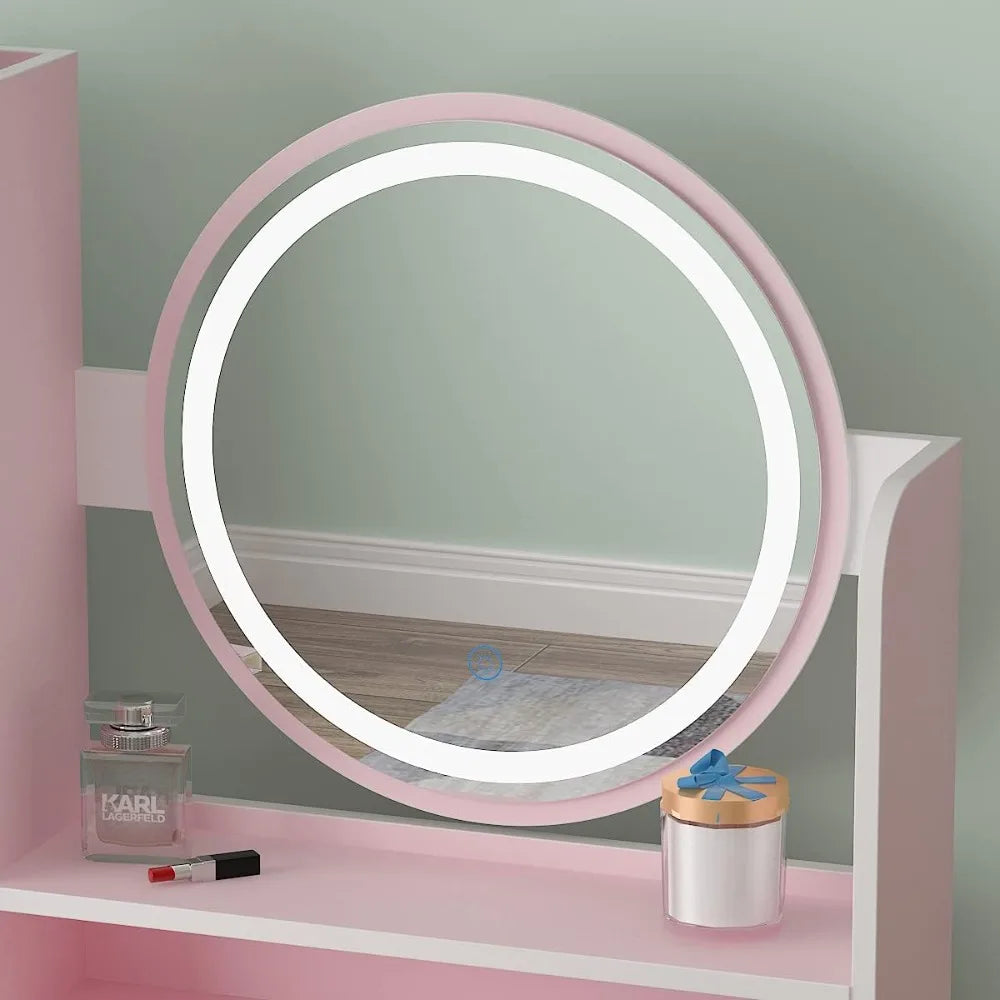 Pink Vanity Set with Lighted Mirror, Makeup Dressing Table 5 Drawers Shelves Desk & Stool