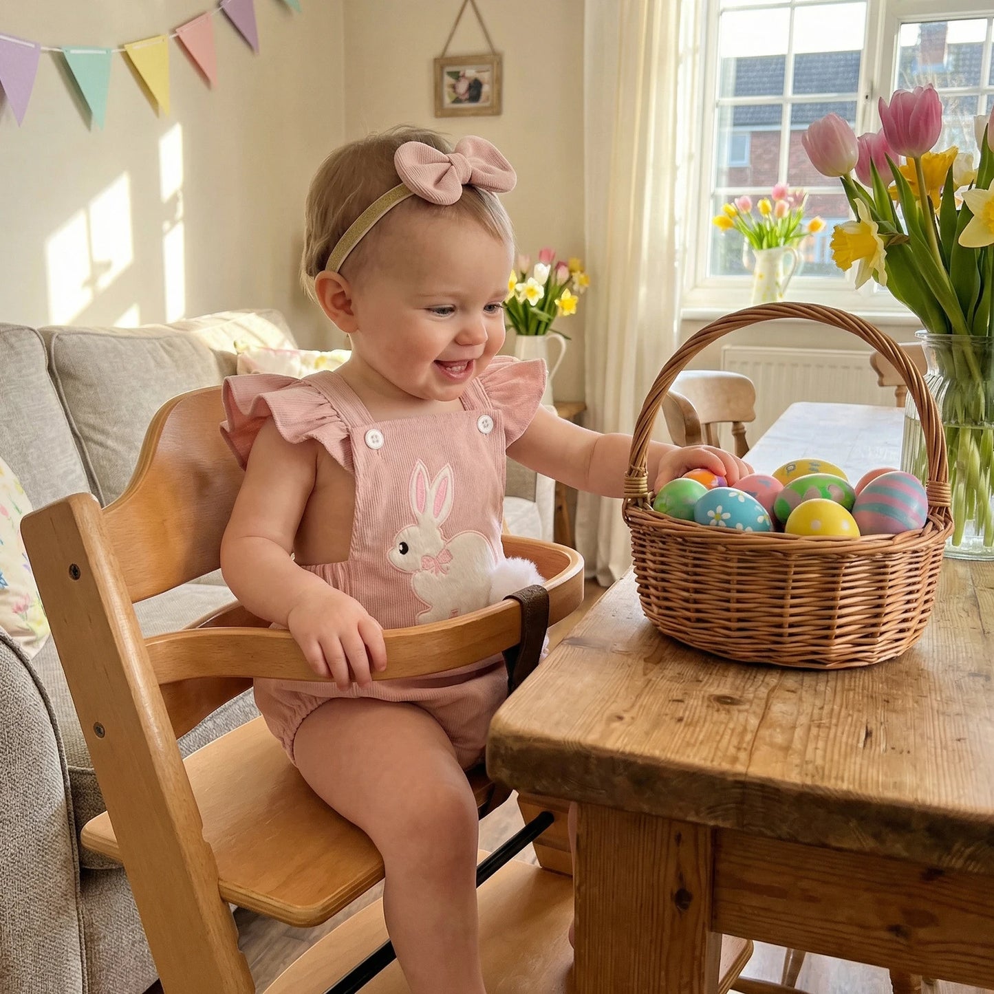 Baby Girl Easter Romper Outfits Bunny Applique Flying Sleeve Square Neck Romper and Bow Headband 2Pcs Set