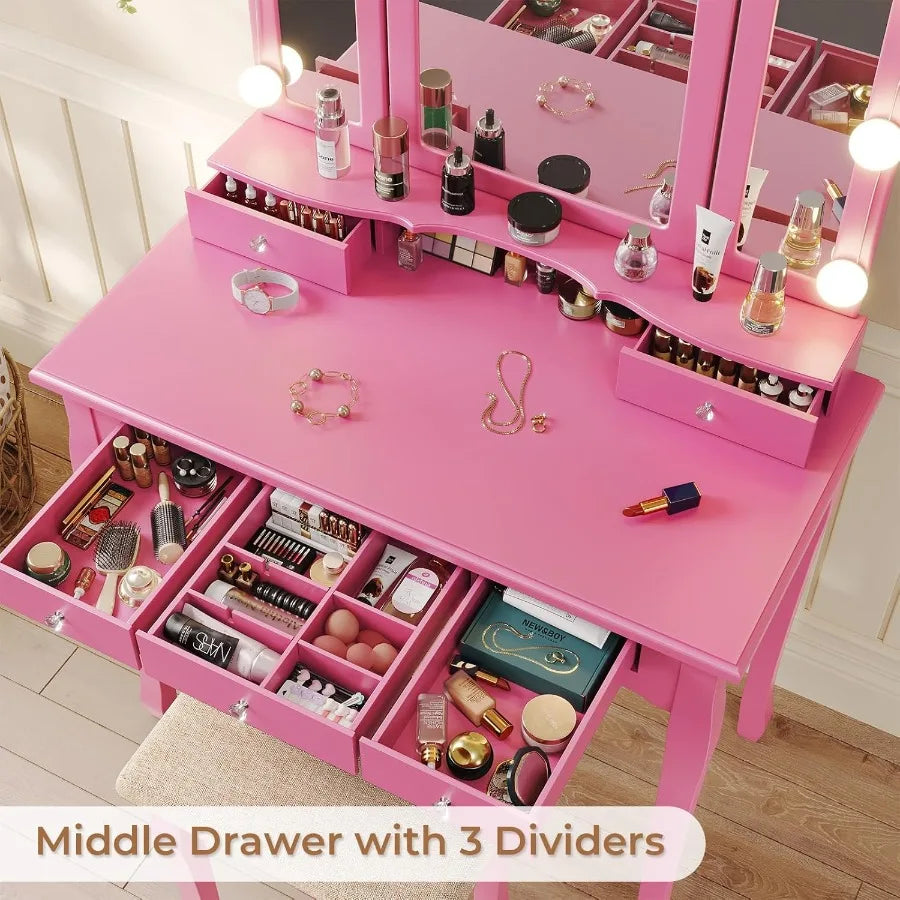 Compact Pink Makeup Vanity Desk with TriFold Mirror and Builtin LED Lights Featuring Wood Upholstered Stool and 5 Drawers