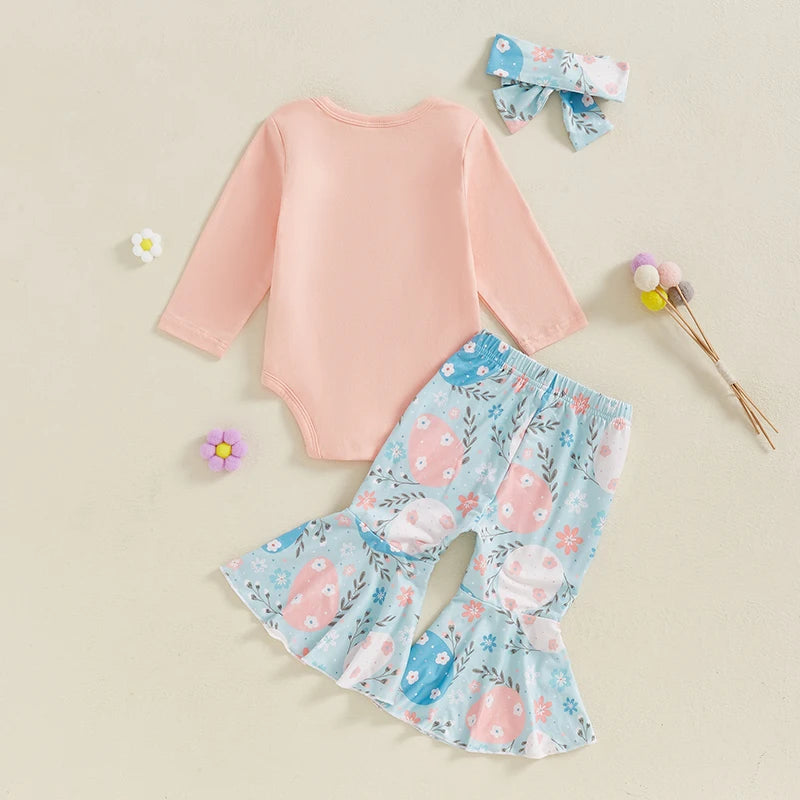 Adorable Baby Girl Easter Outfit with Bunny Print Long Sleeve Romper Easter Eggs Floral Print Flare Pants and Matching