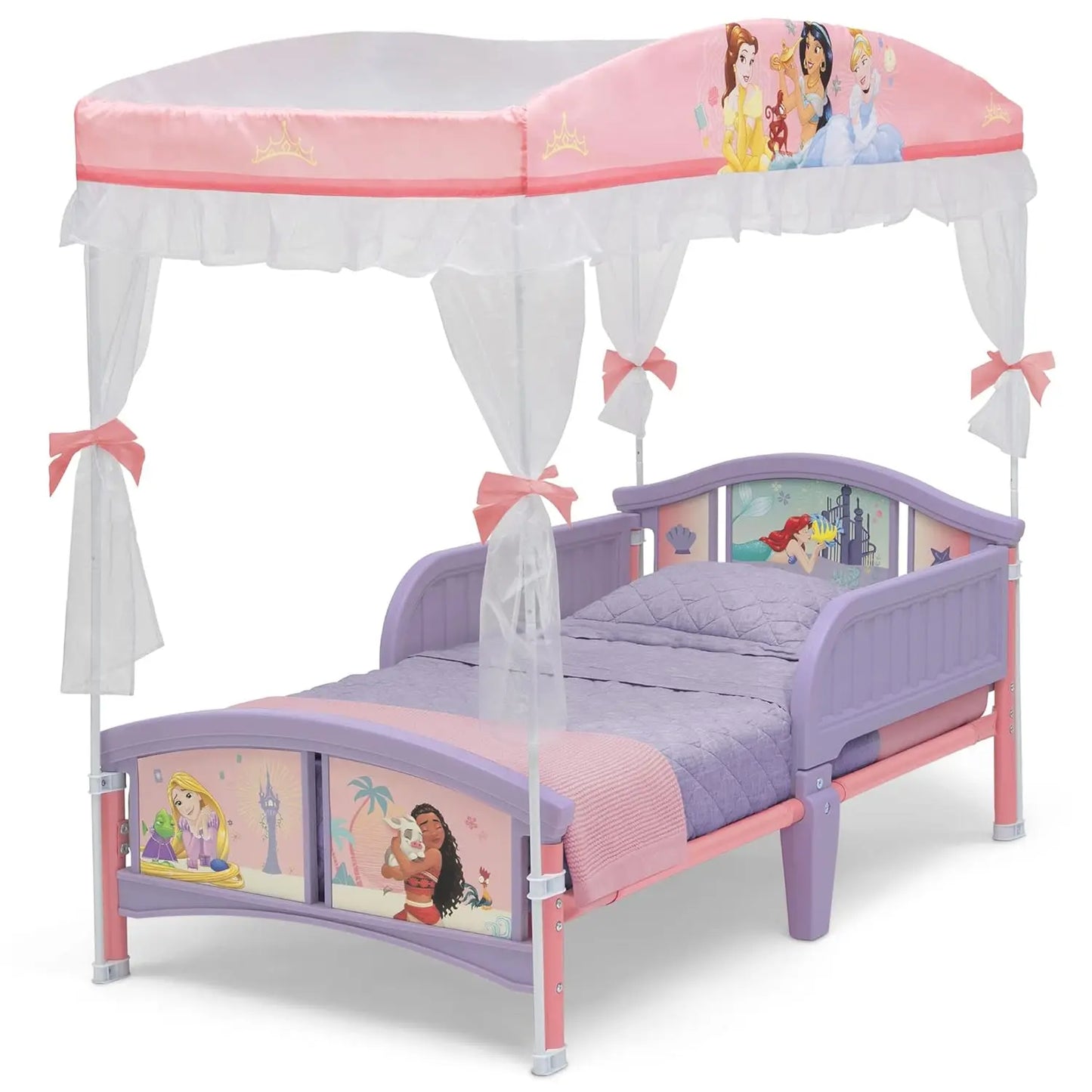 Princess Canopy Toddler Bed with Guardrails, Safe Transition from Crib to Big-Kid Bed for Ages 15 Months+