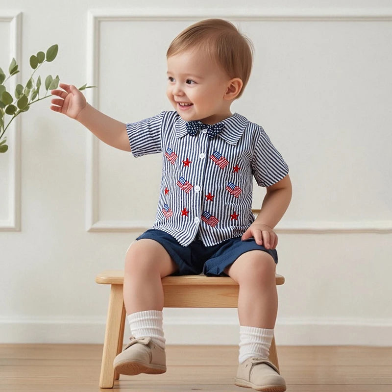 Boys Patriotic Day Outfit Set Short Sleeve Lapel Striped Shirt and Solid Color Shorts Independence Day Clothing Set