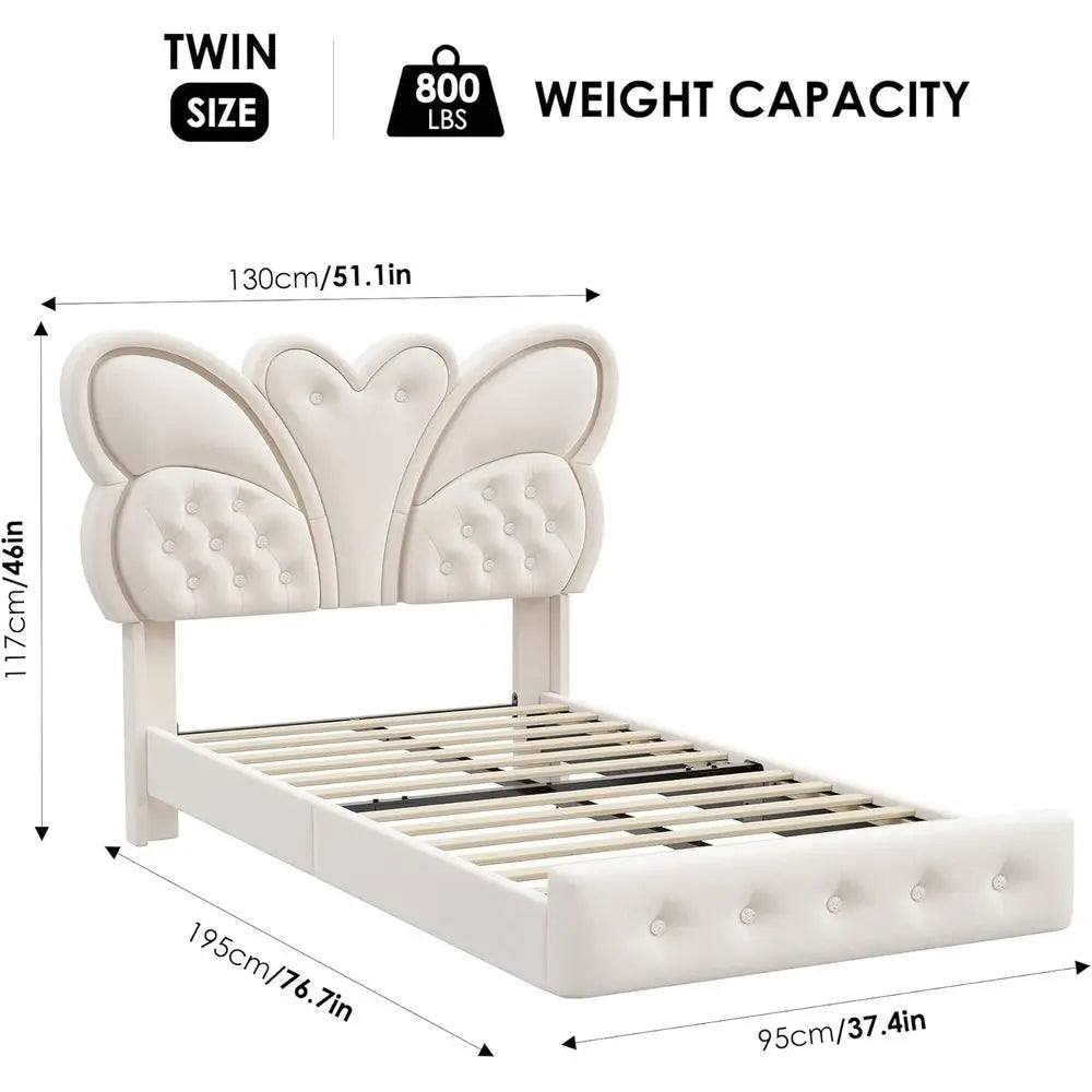 Modern Butterfly-Pattern Twin Bed Frame with LED Lights, Button Tufted Upholstered Headboard and Footboard, Slat Support, No Boxspring