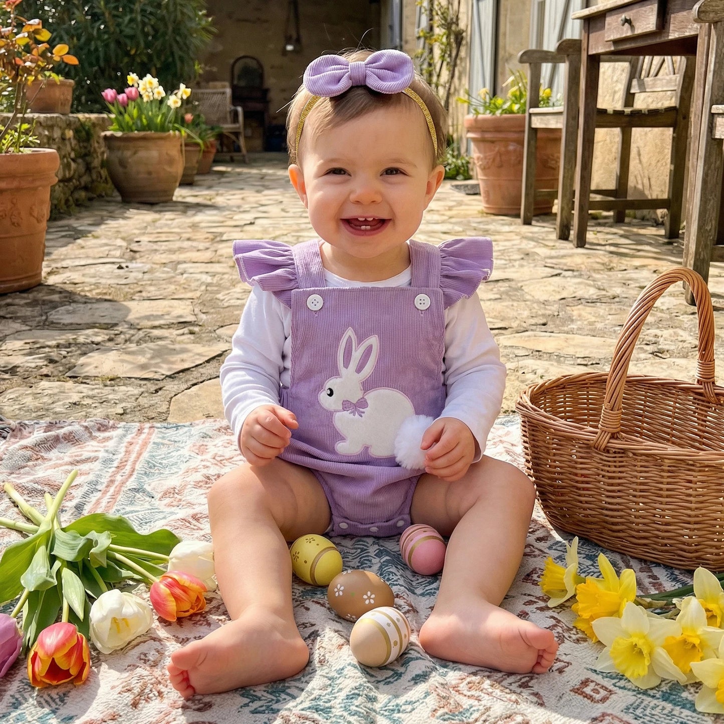 Baby Girl Easter Romper Outfits Bunny Applique Flying Sleeve Square Neck Romper and Bow Headband 2Pcs Set