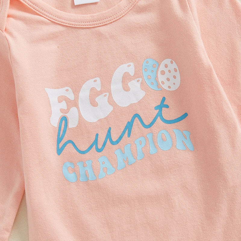 Adorable Baby Girl Easter Outfit with Bunny Print Long Sleeve Romper Easter Eggs Floral Print Flare Pants and Matching
