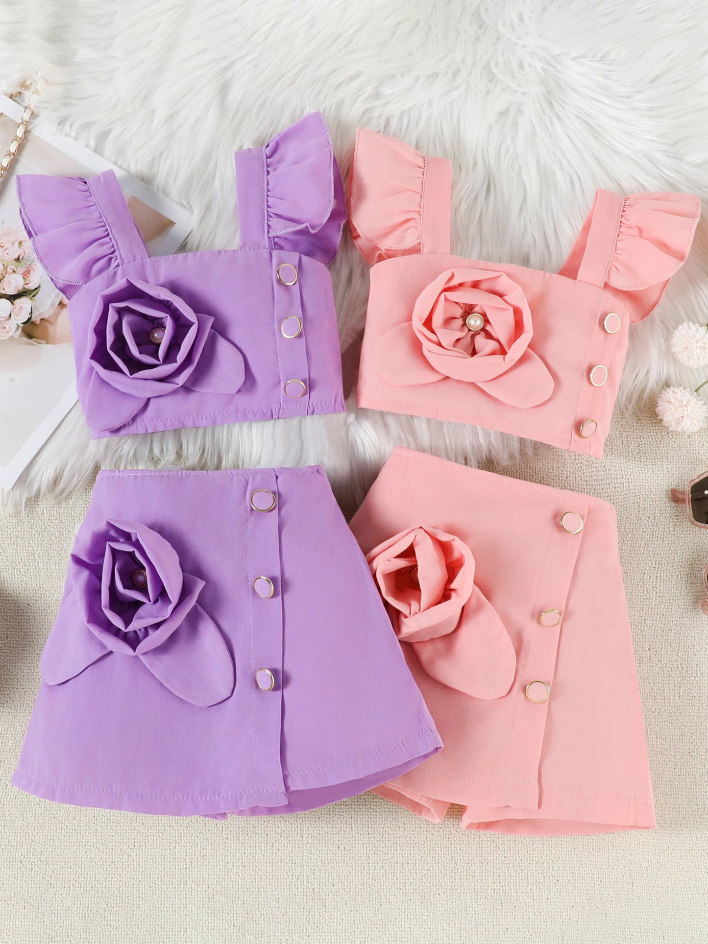 Adorable Baby Girl Summer Ensemble Flutter Sleeve Square Neck Top with 3D Floral Detailing and Matching A-Line Skirt - 2 Piece