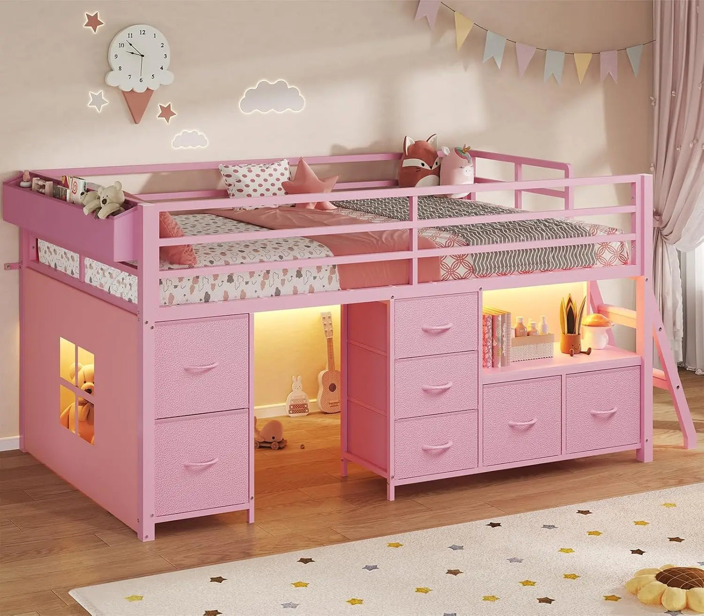 Low Loft Bed Twin Size with 7 Storage Drawers, Bookcase and LED Lights, Metal Kids Loft Bed with 14" H Safety Guardrail