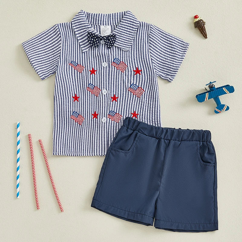 Boys Patriotic Day Outfit Set Short Sleeve Lapel Striped Shirt and Solid Color Shorts Independence Day Clothing Set