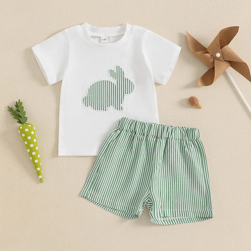 Toddler Unisex Easter Bunny Carrot Print Short Sleeve T-shirt and Plaid Shorts Set for Spring Holiday Outfit