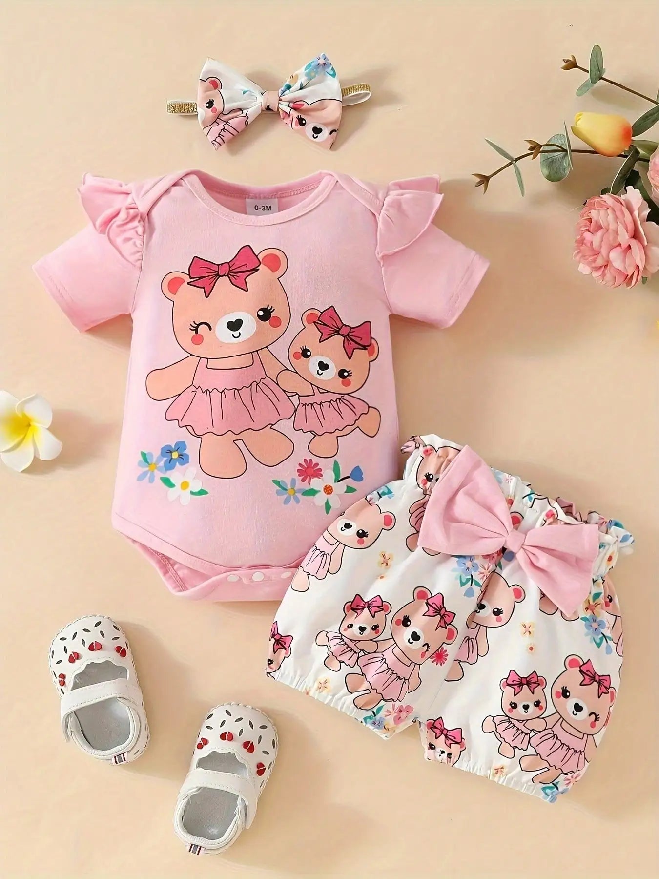 Baby Girl Summer 3pcs Outfit - Cartoon Bear Print Ruffle Top + Shorts + Headband