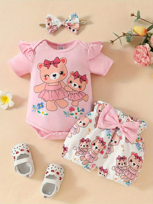 Baby Girl Summer 3pcs Outfit - Cartoon Bear Print Ruffle Top + Shorts + Headband