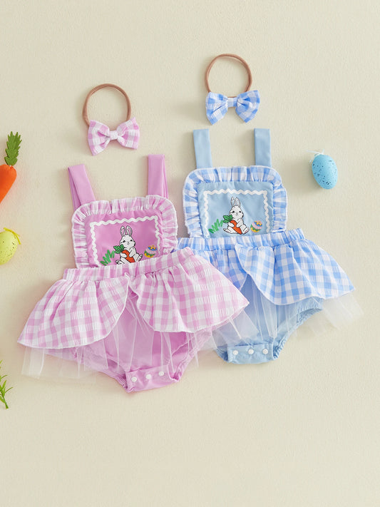 Adorable Toddler Easter Outfit Set with Bunny Print Romper Dress Sleeveless Jumpsuit and Matching Headband for Girls