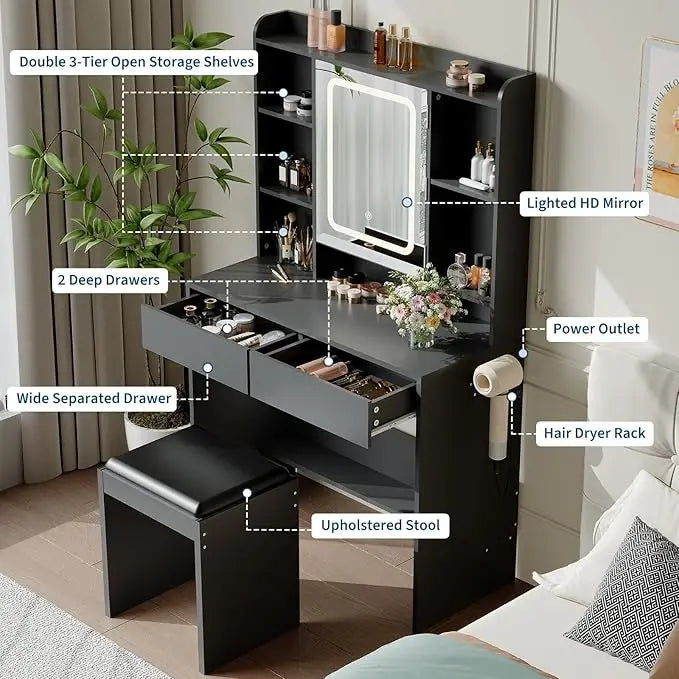 Vanity Desk with Mirror and Lights, for Bedroom, adjustable 3 Color Lights Modes Includes Padded Stool, Makeup Table Set