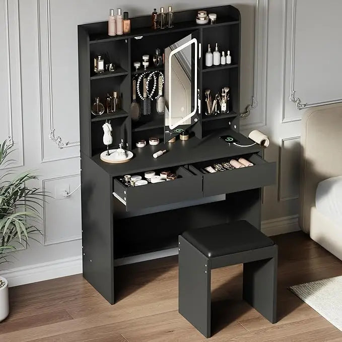 Vanity Desk with Mirror and Lights, for Bedroom, adjustable 3 Color Lights Modes Includes Padded Stool, Makeup Table Set