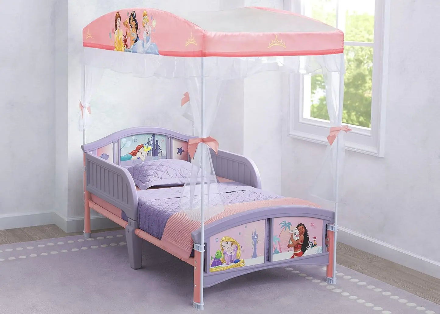 Princess Canopy Toddler Bed with Guardrails, Safe Transition from Crib to Big-Kid Bed for Ages 15 Months+