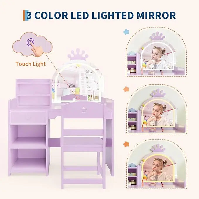 Kids Vanity with Lights, 2 in 1 Princess Makeup Vanity Desk Toddler Vanity Table & Chair Set with Open Bookshelf for Little Girls