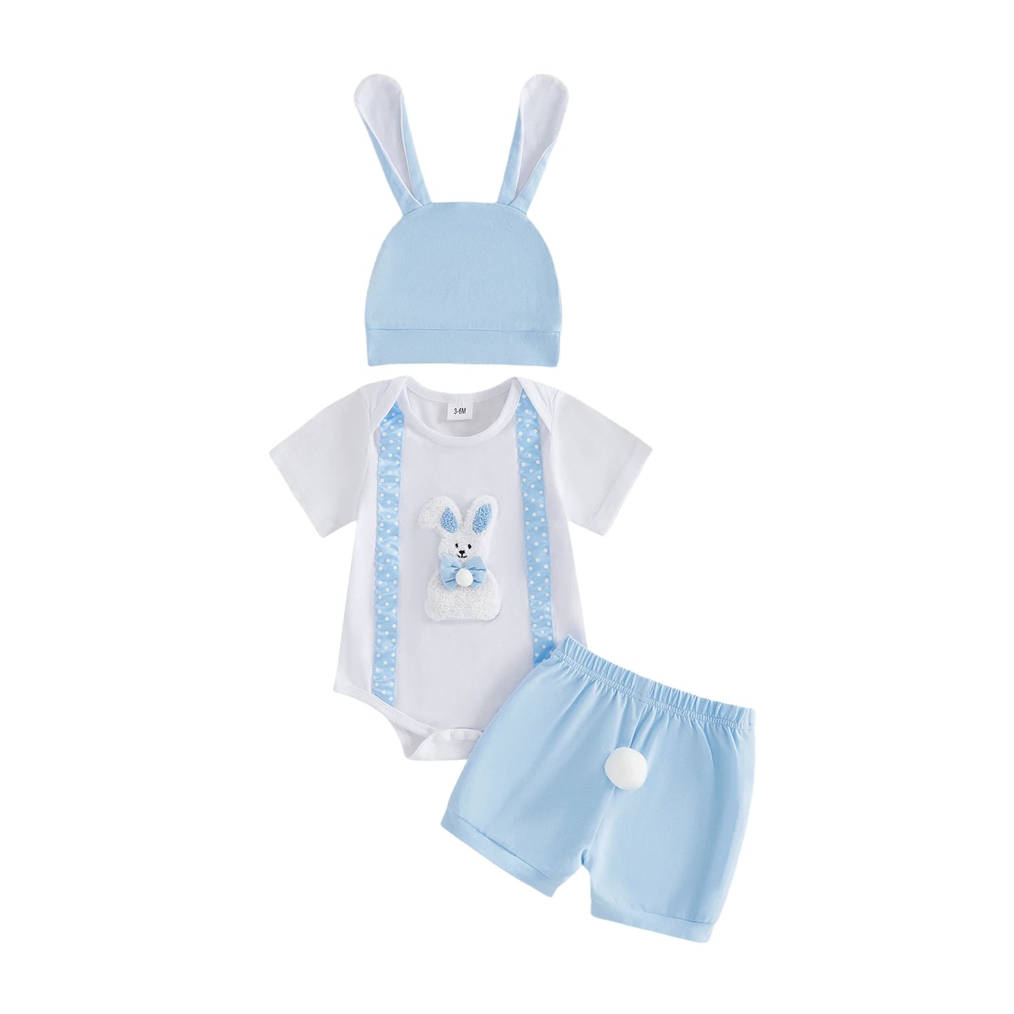 Adorable Newborn Easter Outfit with Bunny Embroidery Romper Shorts and Hat - 3-Piece Set for Baby Boy or Girl