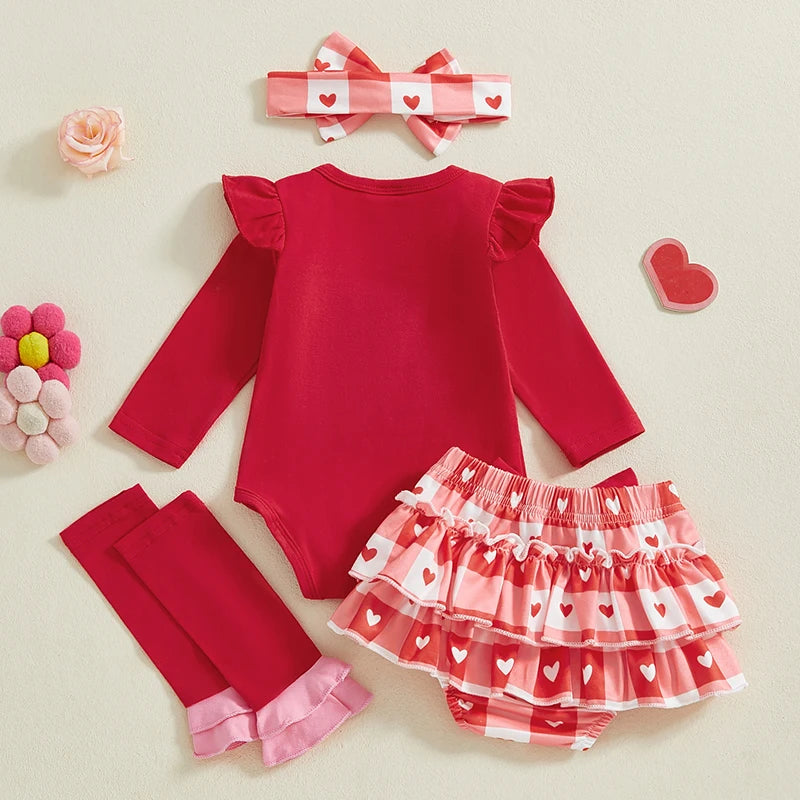 Baby's 1st Valentine Outfit Letter Print Long Sleeve Romper with Heart Print Pants and Bow Tie Headband Socks Set