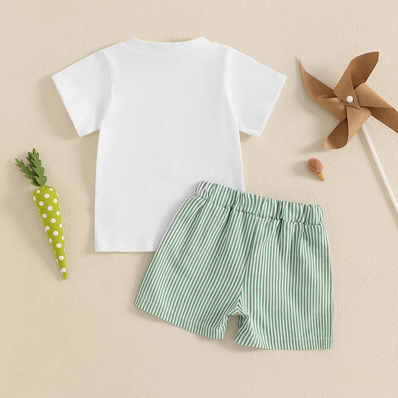 Toddler Unisex Easter Bunny Carrot Print Short Sleeve T-shirt and Plaid Shorts Set for Spring Holiday Outfit