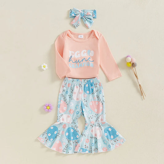 Adorable Baby Girl Easter Outfit with Bunny Print Long Sleeve Romper Easter Eggs Floral Print Flare Pants and Matching