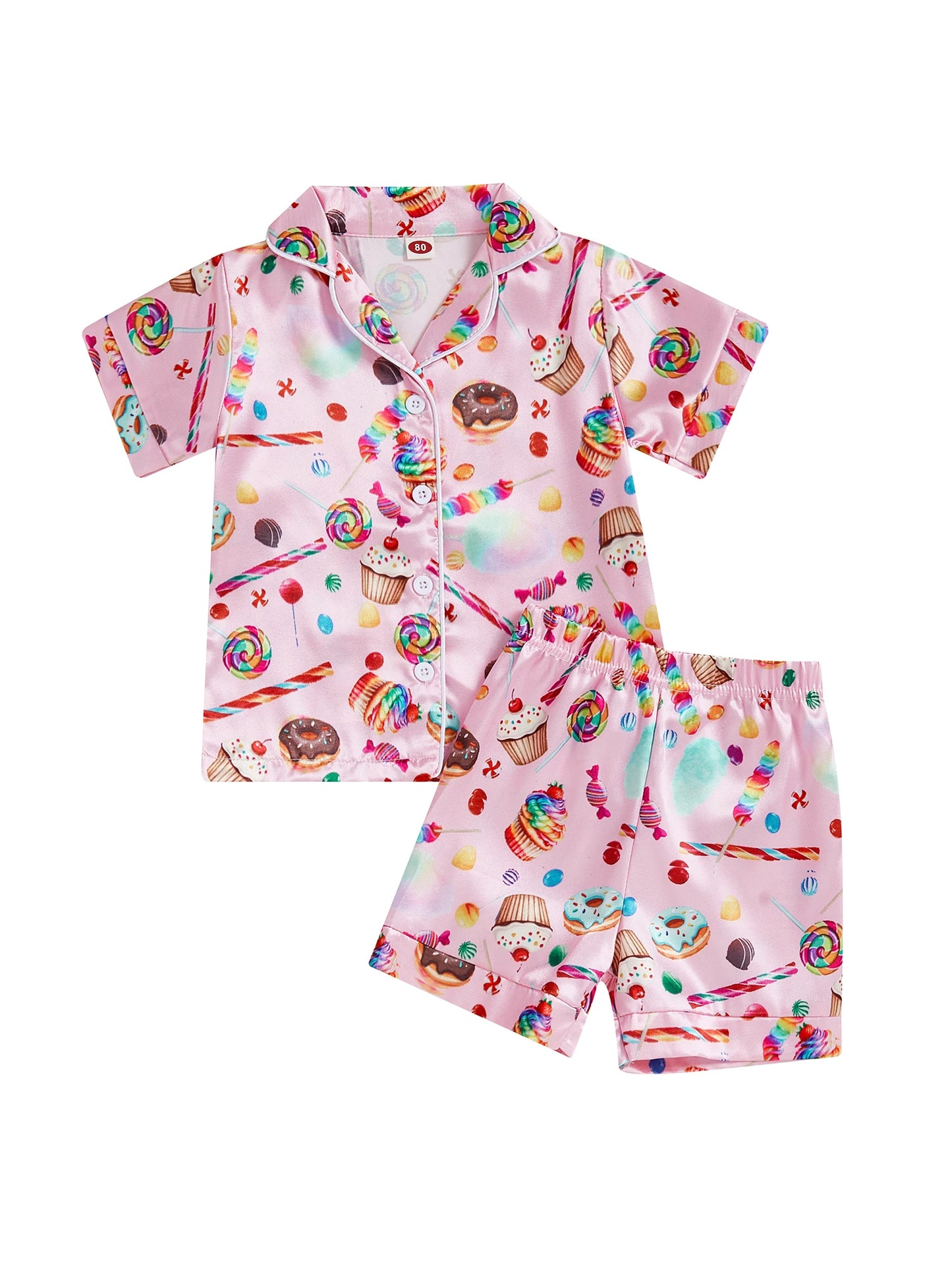 Toddler Boy Pajama Set short sleeve donuts and candy print - Elastic Waist Pants 2 Piece Sleepwear Outfit for Kids
