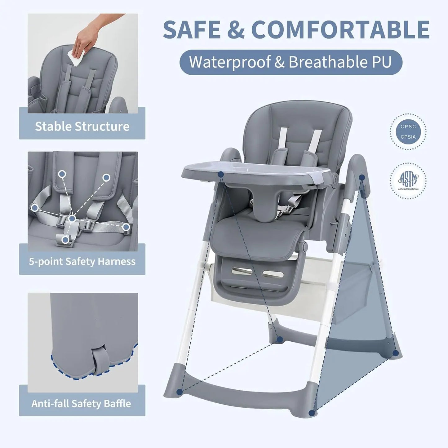 Baby High Chair,Foldable Portable Highchair for Babies and Toddlers with Adjustable Footrest & 5-Point Harness,for Ages 6-36 mth