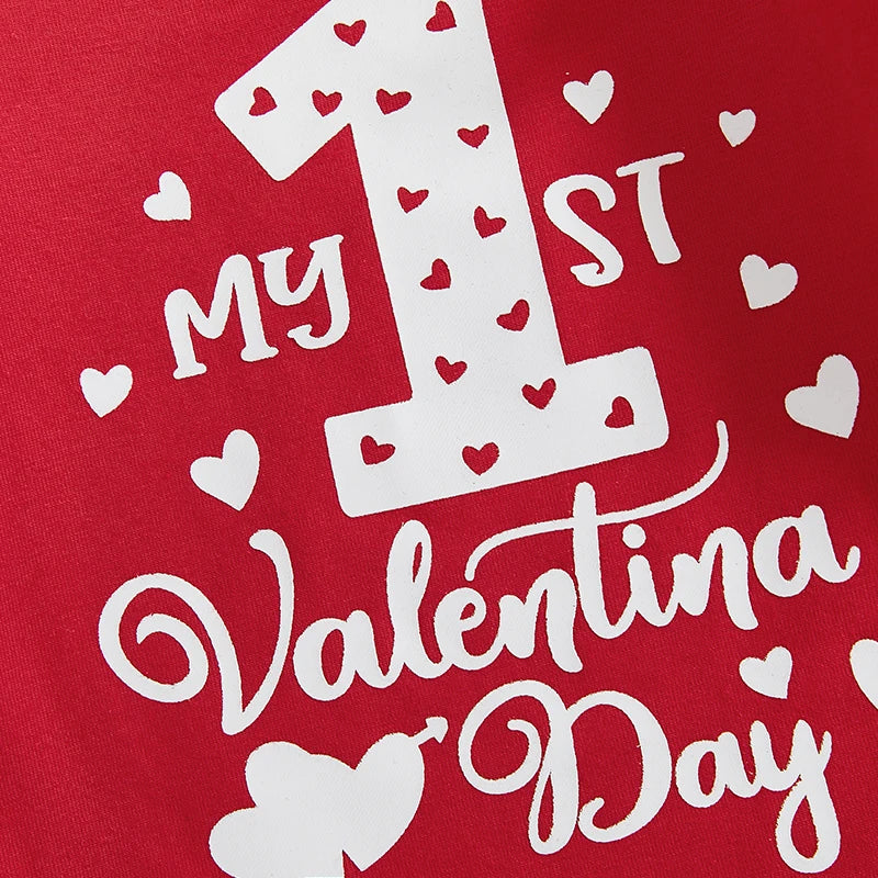 Baby's 1st Valentine Outfit Letter Print Long Sleeve Romper with Heart Print Pants and Bow Tie Headband Socks Set
