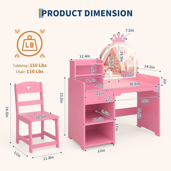 Kids Vanity with Lights, 2 in 1 Princess Makeup Vanity Desk Toddler Vanity Table & Chair Set with Open Bookshelf for Little Girls