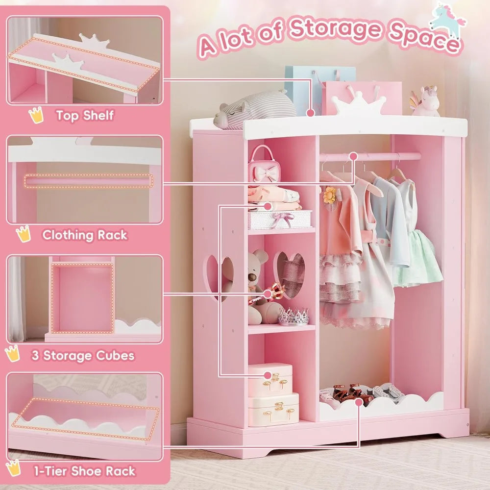Kids Princess Wardrobe with Jewelry Cabinet, Mirror & Shelves - Pink Dress Up Storage for Girls Bedroom